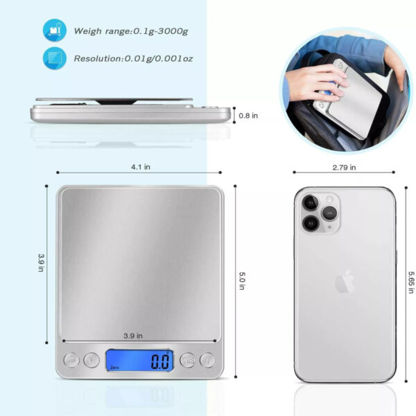 Small Digital Food Scale Ounce OZ And Gram Scale, Kitchen Scale 3000g 0.1g High Precision For Baking, Soap Making, Jewelry, Includes 2 Trays And Batteries, 9 Units, Tare Function, Easy To Store - Image 3