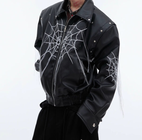 Niche Spider Web Tassel Design Motorcycle Leather Coat - Image 5