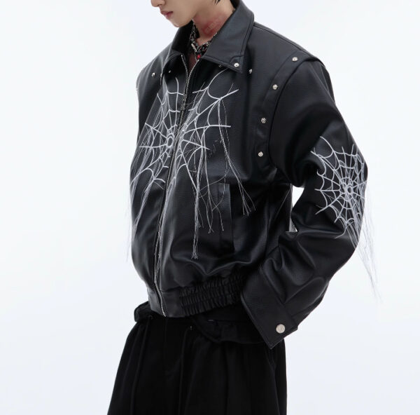 Niche Spider Web Tassel Design Motorcycle Leather Coat - Image 3