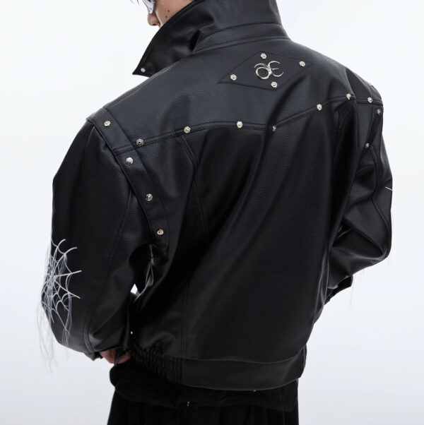 Niche Spider Web Tassel Design Motorcycle Leather Coat - Image 2