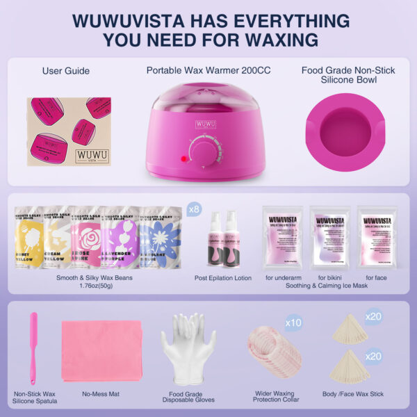 Waxing Kit WUWUVISTA 69 Items Hair Removal Wax Kit With Wax Warmer Waxing Beads For Face, Brazilian, Full Body, Bikini, Sensitiive Skin Skin Suitable For Plugs Of American, European Specification - Image 9