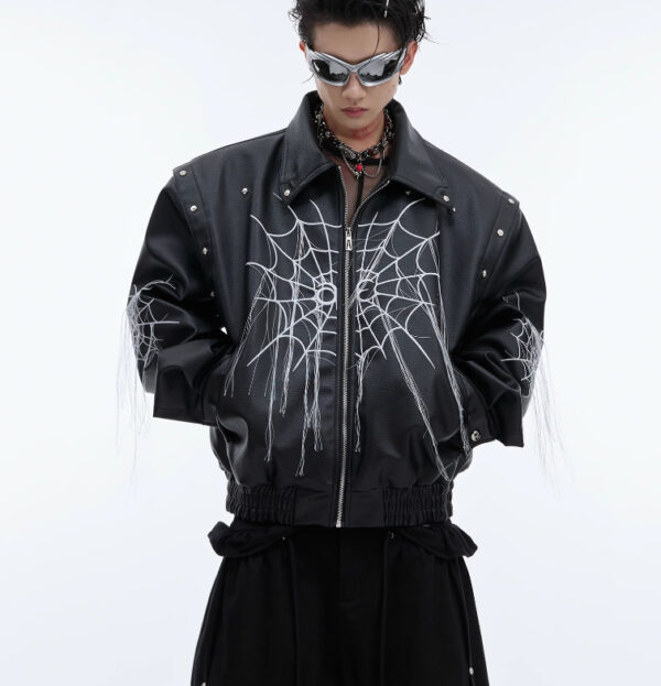 Niche Spider Web Tassel Design Motorcycle Leather Coat - Image 4